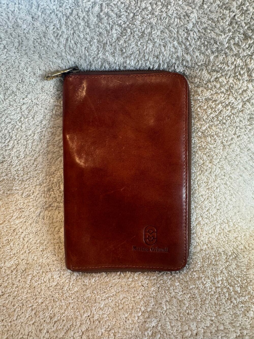 Marino Orlandi Brown Glazed Leather Zip Around Travel Wallet Clutch Organizer